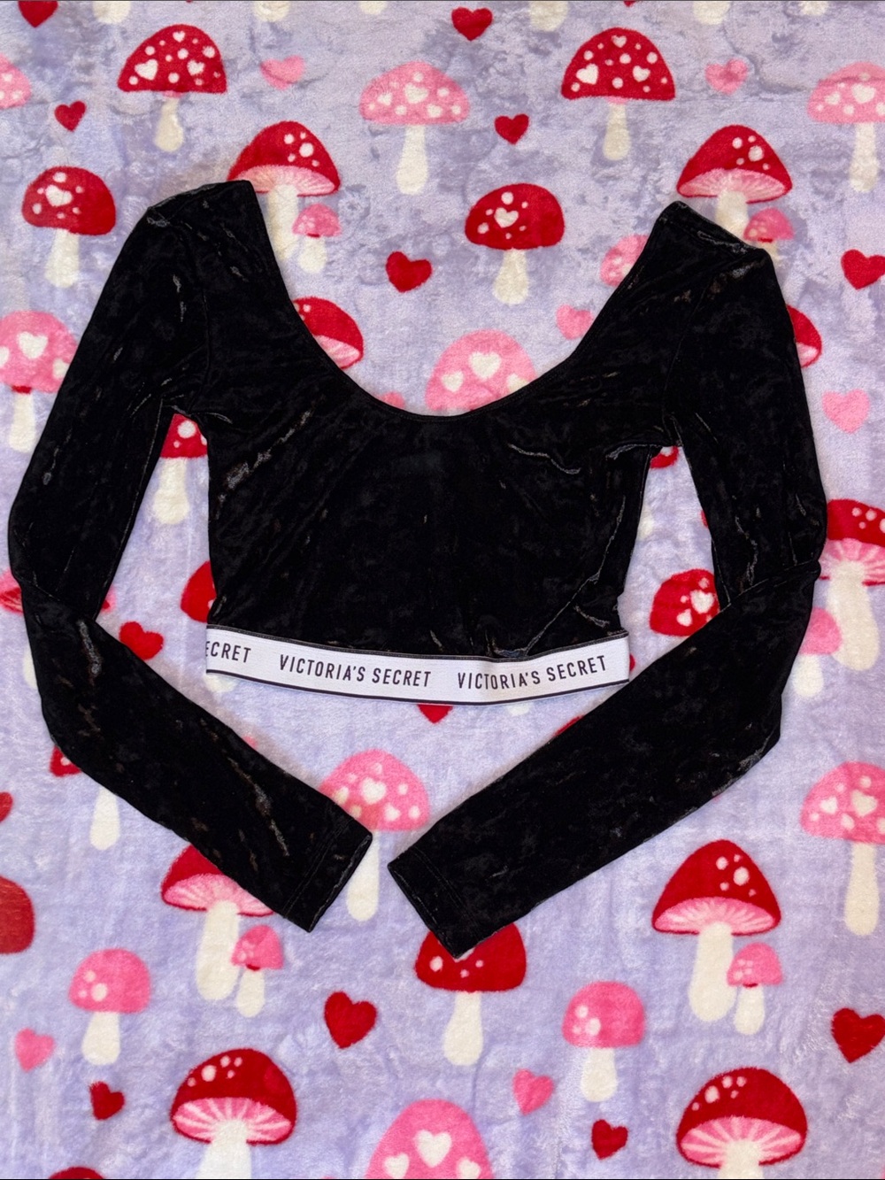 Victoria's Secret Black Crushed Velvet Long-Sleeve Crop Top with Branded Elastic